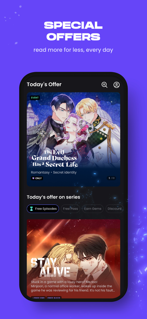 Manta app interface displaying daily special offers for various manhwa and webtoon series