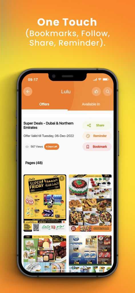 WoWDeals: Shopping Deals - WoWDeals app interface showing Lulu supermarket deals and digital flyer bookmarks