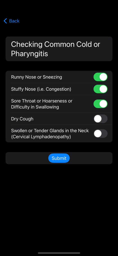Infection Checker - Symptom checklist for common cold or pharyngitis screening within the Infection Checker app