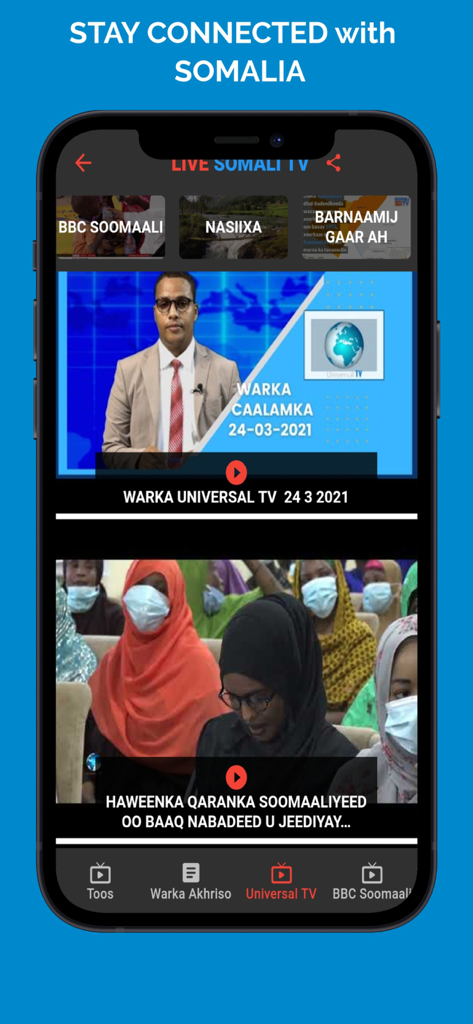 Live Somali TV app interface showcasing news and cultural programming