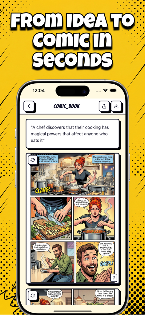 Mobile app interface of Comikaze showing a comic page generated from a text prompt about a magical chef.