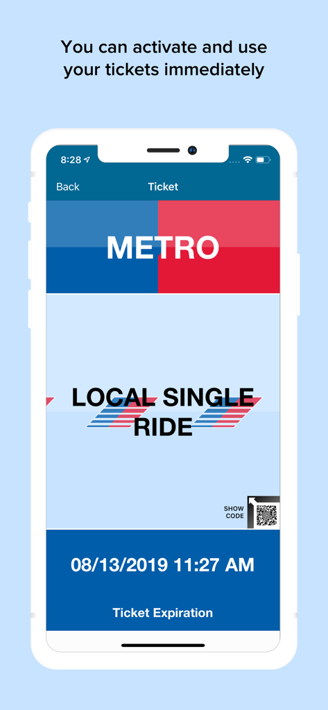 Un boleto local digital de un solo viaje mostrado en la interfaz de la aplicación móvil Q Ticketing