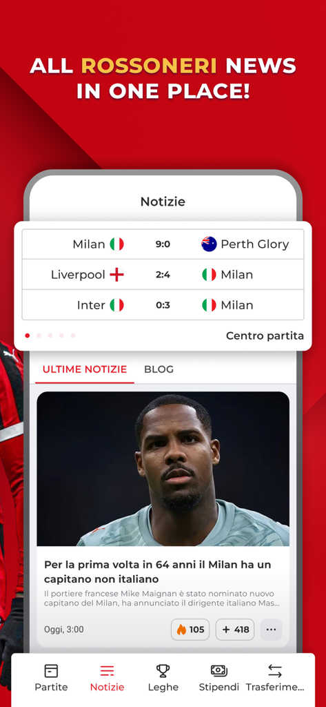Rossoneri Live app interface displaying latest AC Milan news and match scores