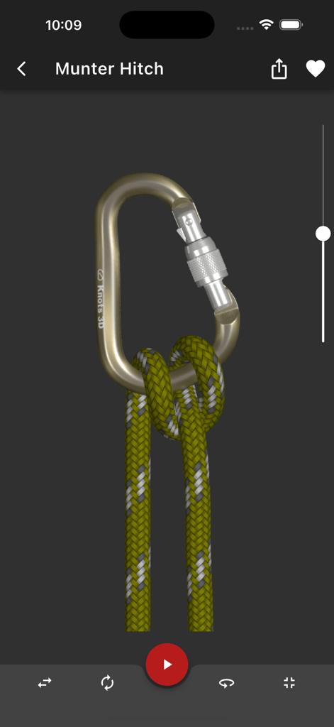 A 3D simulation of a Munter Hitch knot tied around a climbing carabiner in the Knots 3D app.