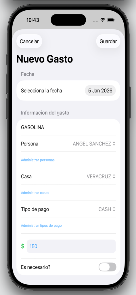 GASTOTES - Interface do aplicativo GASTOTES no iPhone para adicionar uma nova despesa com campos para data, categoria e valor