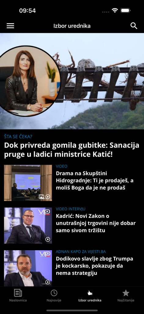 Vijesti Ba app editors choice news feed showing regional Bosnian news articles.