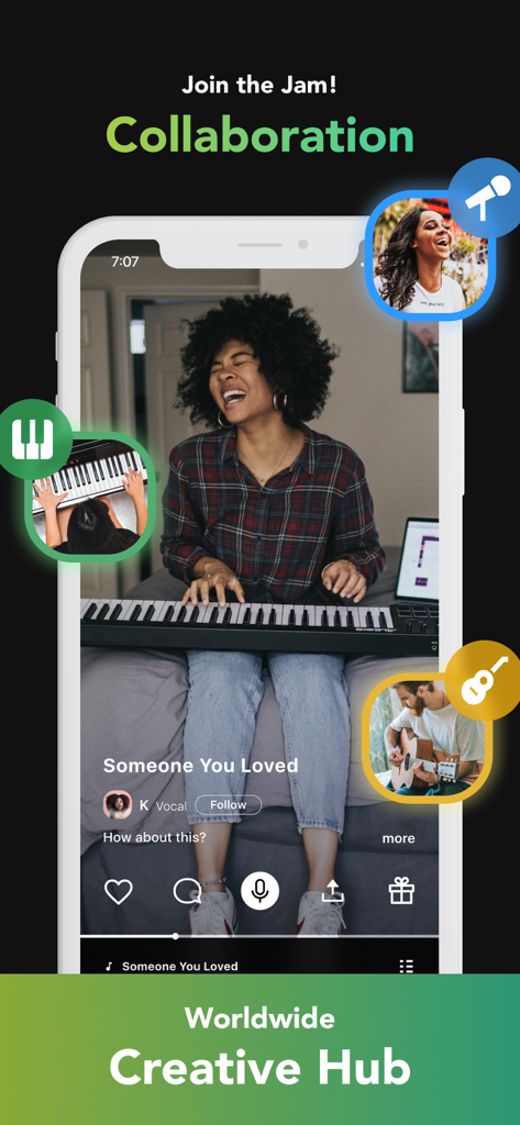 nana - co-creation platform - - Un écran de smartphone montrant des musiciens collaborant sur une cover de chanson dans l'interface de l'application nana