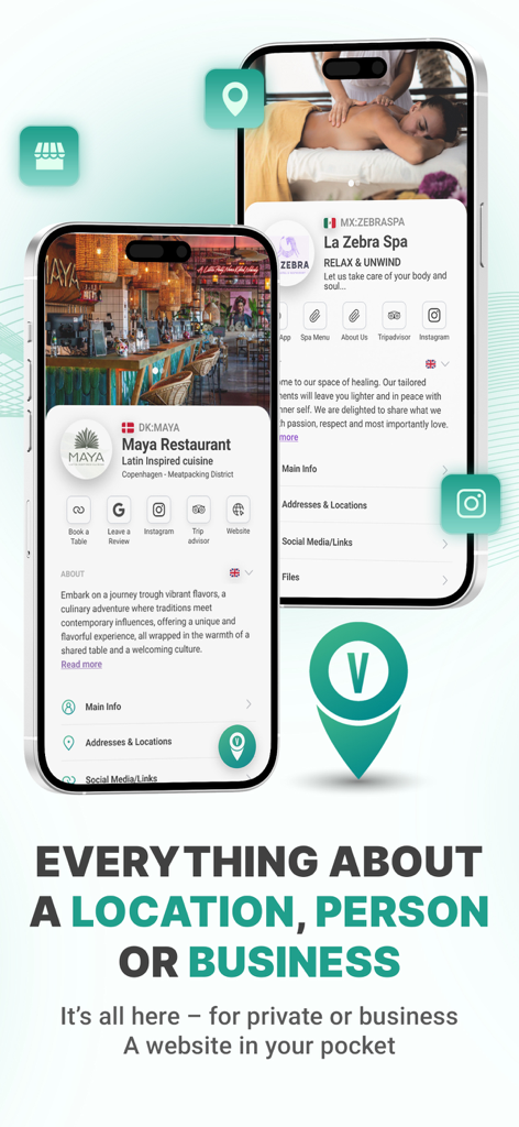 VayaPin - VayaPin app interface showcasing digital business profiles for a restaurant and spa with integrated location and social media links