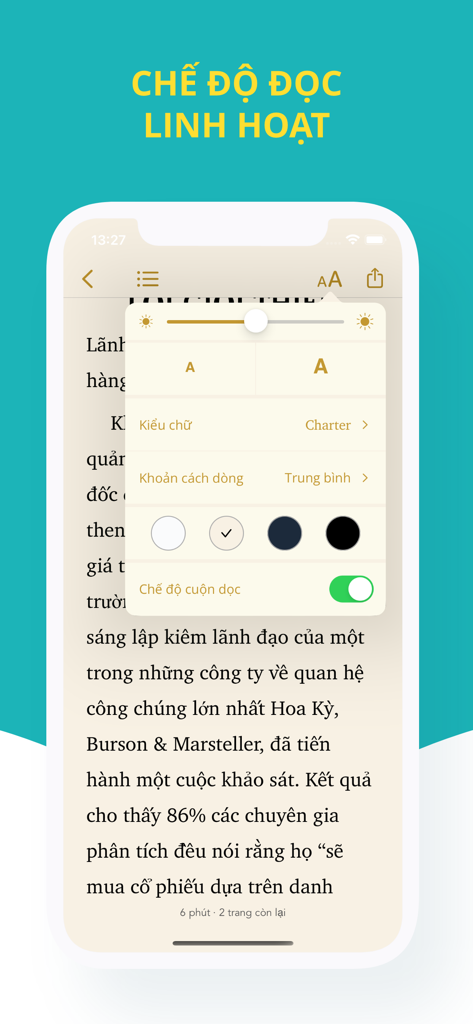 Mobile app interface showing flexible reading mode options with font and theme customization