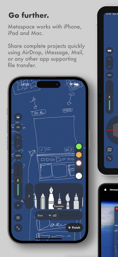 Metaspace - 3D Sketchbook - Metaspace 3D Sketchbook interface on iPhone showing a blue spatial canvas with white sketches and drawing tools
