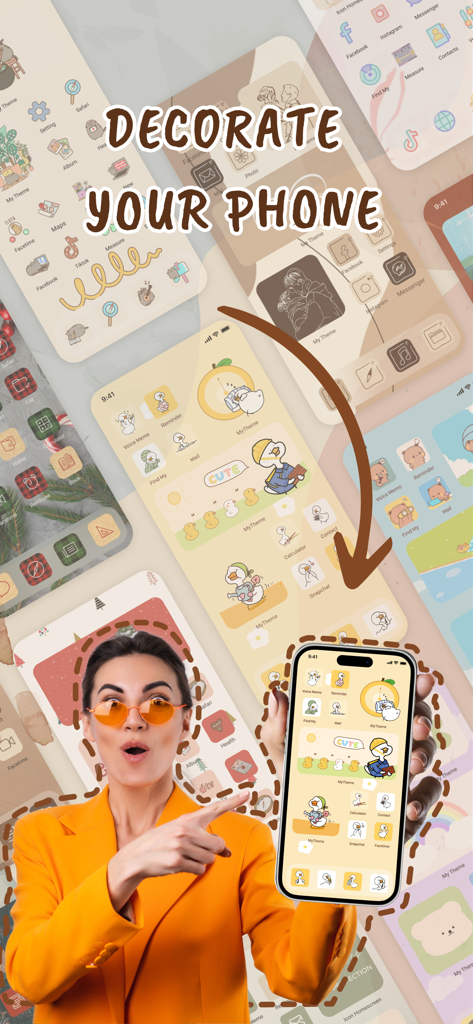 Woman pointing at a custom iPhone home screen with cute duck icons and widgets