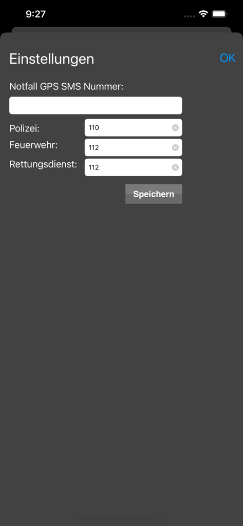 Tela de configurações do aplicativo de chamada de emergência para configurar números locais de polícia e resgate