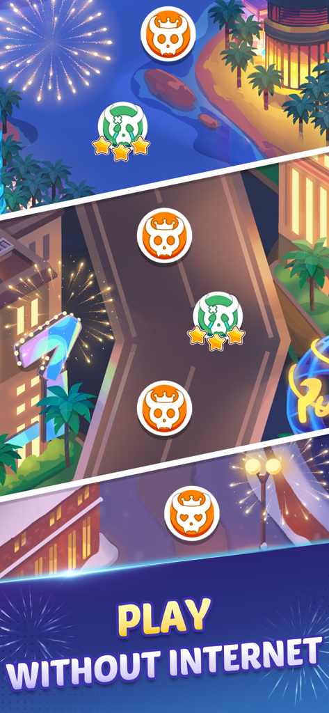 Phase 10 game progression map showing levels across different environments with the text Play Without Internet