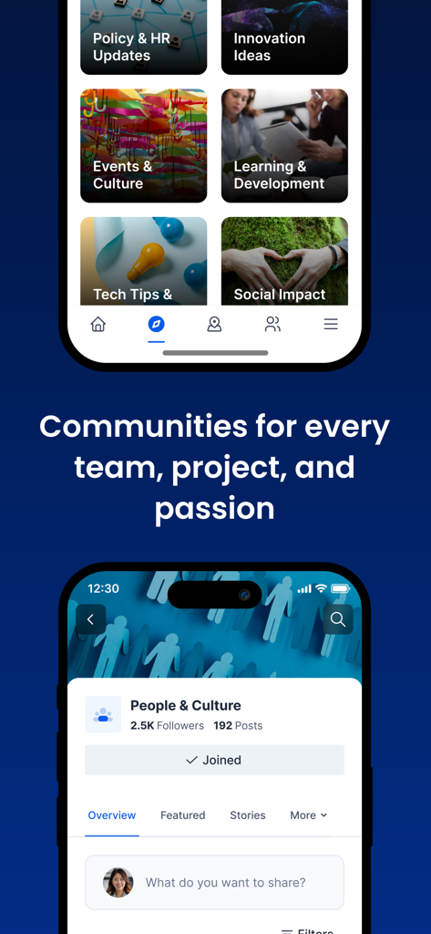 Appspace - Appspace mobile app interface displaying various workplace communities and a team collaboration feed