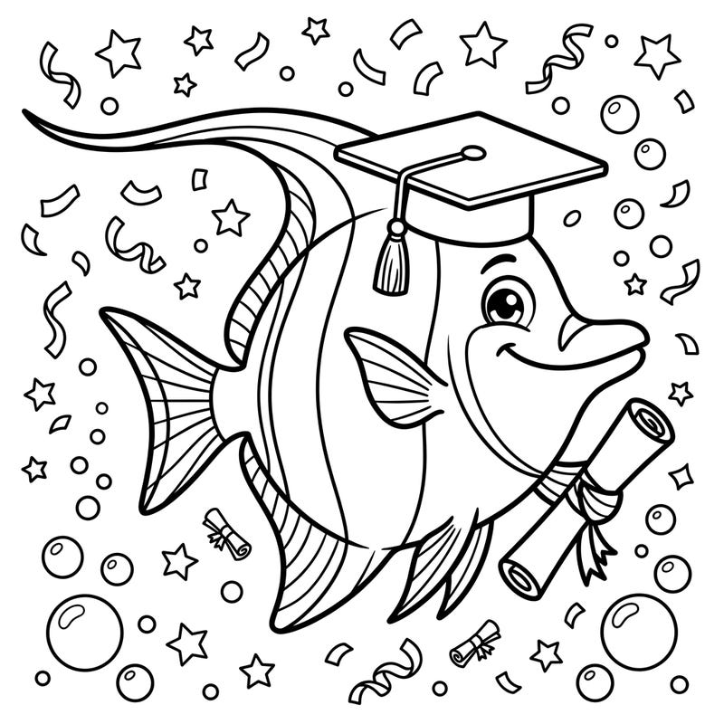 Celebrate academic achievements with this adorable Moorish Idol fish wearing a graduation cap and holding a diploma. This festive coloring page is filled with confetti and stars, perfect for inspiring joy and creativity.