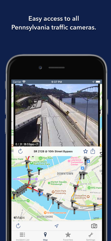Live traffic camera feed and map of Pittsburgh on the Pennsylvania State Roads app.