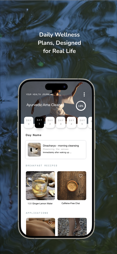 NIU Nature - Mobile app interface for NIU Nature showing a daily Ayurvedic Ama Cleanse plan with breakfast recipes