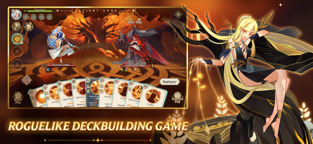 A strategic card battle screen from Ancient Gods Deckbuilding RPG featuring anime style mythological characters and a hand of cards