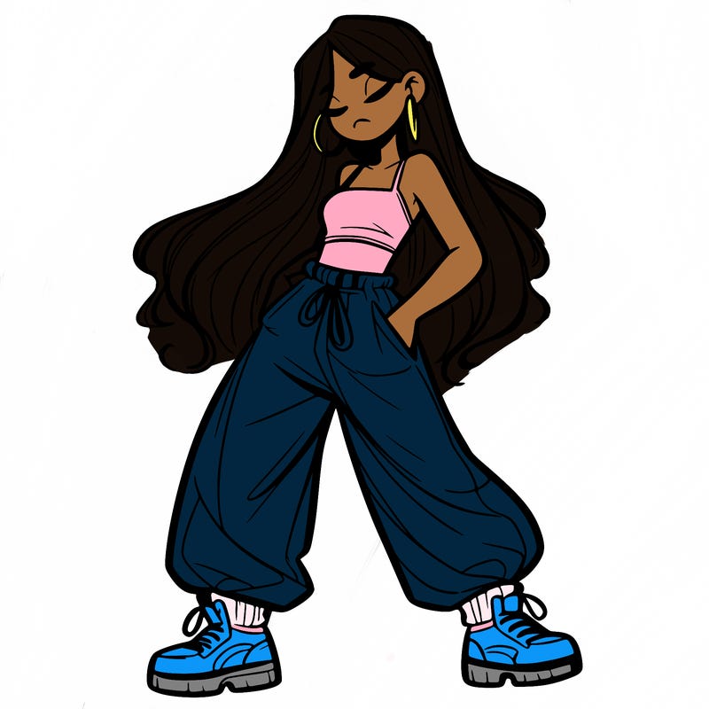 girl in baggy pants crop top and long hair