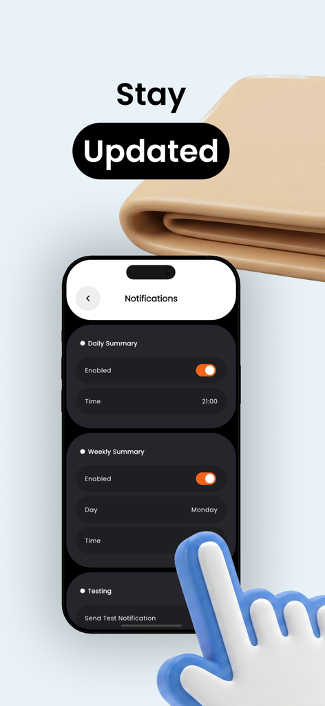 Spendy-Simple Spending Tracker - Spendy mobile app showing notification settings for daily and weekly spending summaries