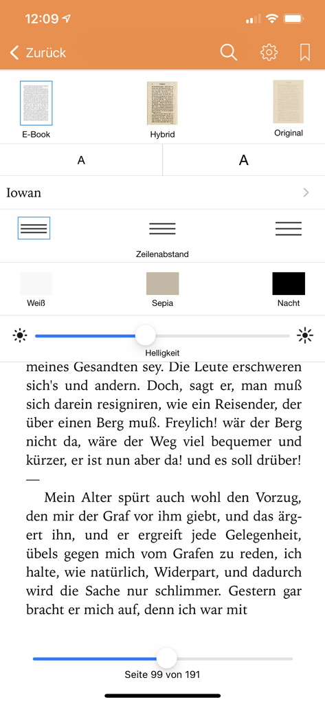 Deutsche Klassiker - Reading settings menu in the Deutsche Klassiker app showing options for font size line spacing and background color
