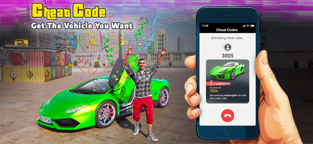 Street Rebel: Open World Game - A mobile screen showing a cheat code to unlock a green supercar in Street Rebel Open World Game
