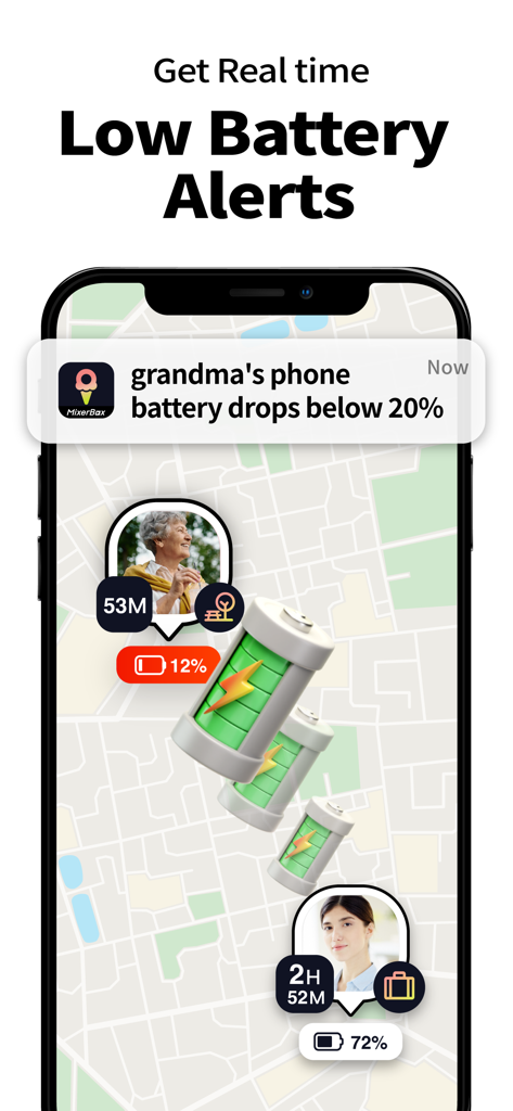 MixerBox BFF app showing a real-time low battery notification on a social map with contact status icons.