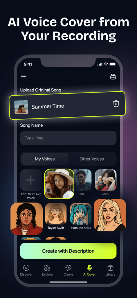 MelodyCraft - AI Music Maker - Interfaccia AI Voice Cover nell'app MelodyCraft per creare cover di canzoni personalizzate da registrazioni utente e voci di celebrità