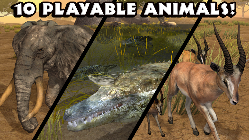 Ultimate Savanna Simulator - Una captura de pantalla del juego que muestra un elefante, un cocodrilo y gacelas con el texto 10 animales jugables.