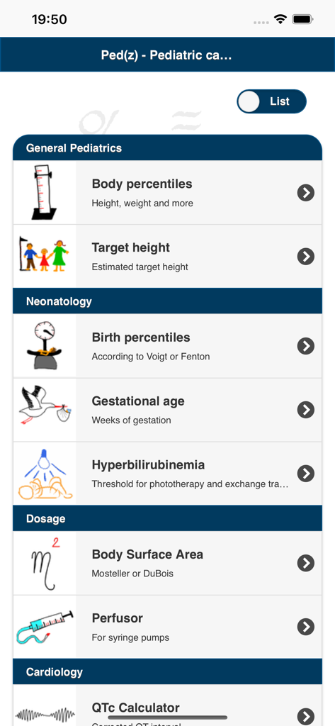 Ped(z) - Pediatric Calculator - Dashboard of the Pedz pediatric calculator app showing medical categories like General Pediatrics Neonatology and Dosage