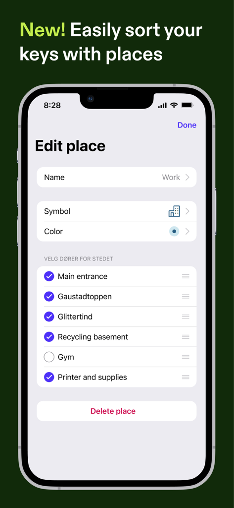 Unloc. - Interface of the Unloc app showing the Edit place screen to organize digital keys by location