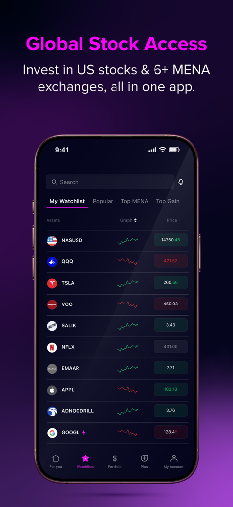 Trading & Investing App: amana - Amana取引アプリのインターフェース。米国およびMENA地域の株のウォッチリストを表示