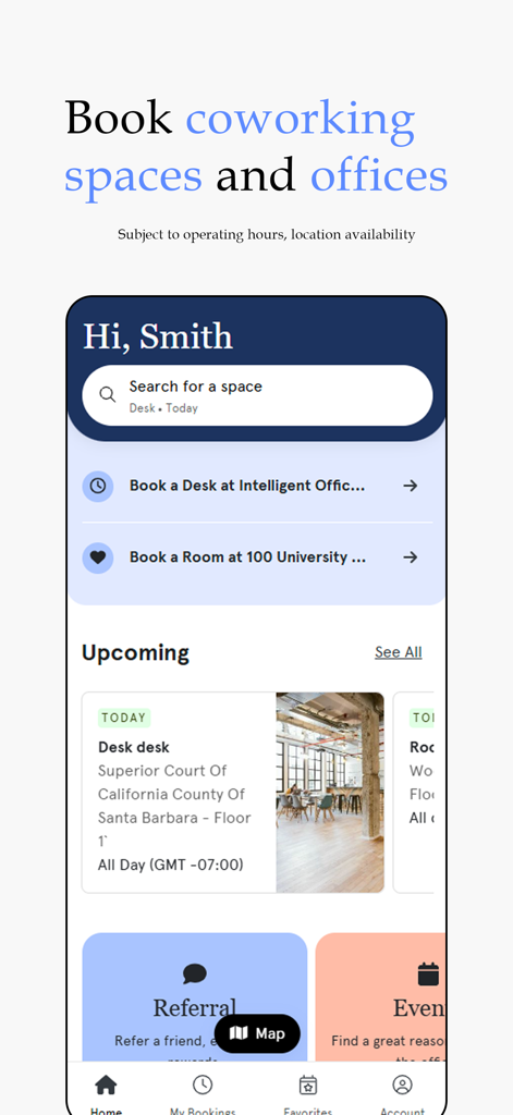 WeWork: Flexible Workspace - Mobile app interface for WeWork showing the home dashboard with options to search for and book desks or meeting rooms