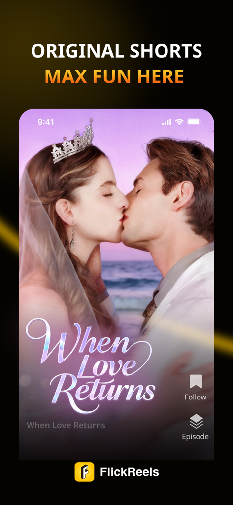 A man and a woman kissing on a beach in a short drama scene from the FlickReels app.
