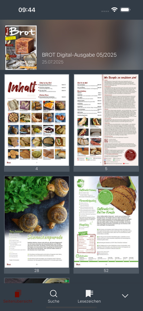 Brot Magazin - Interface do aplicativo Brot Magazin exibindo uma grade de páginas de uma revista digital de pães