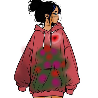 realistic girl with a oversized sweatshirt on and a bun