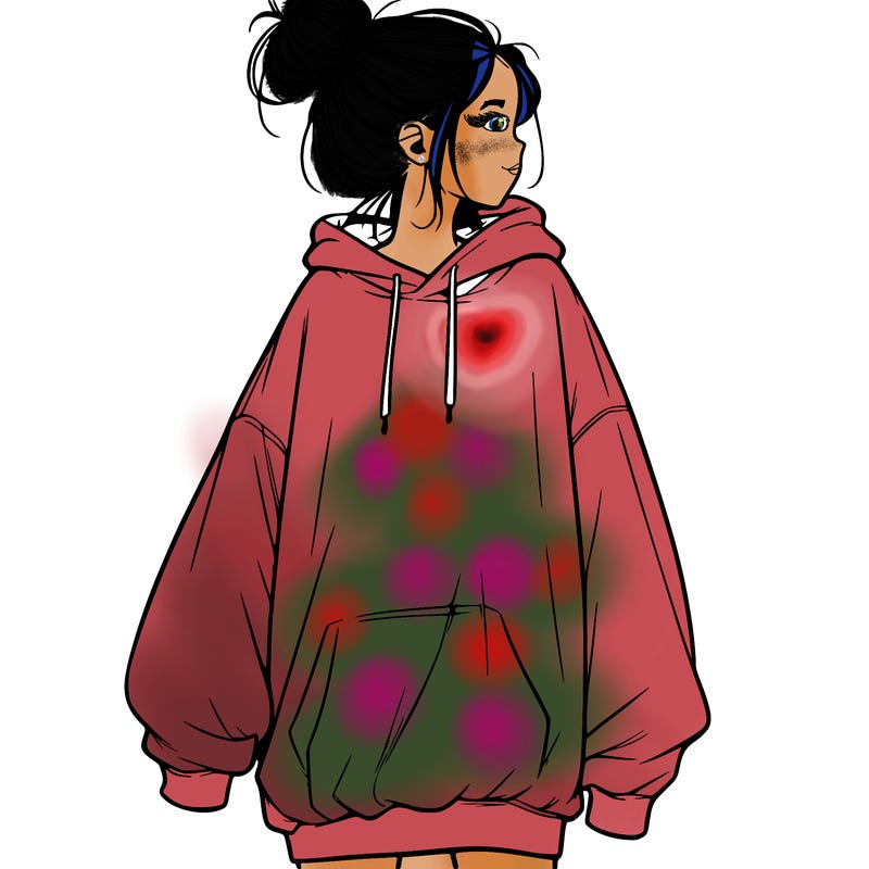 realistic girl with a oversized sweatshirt on and a bun