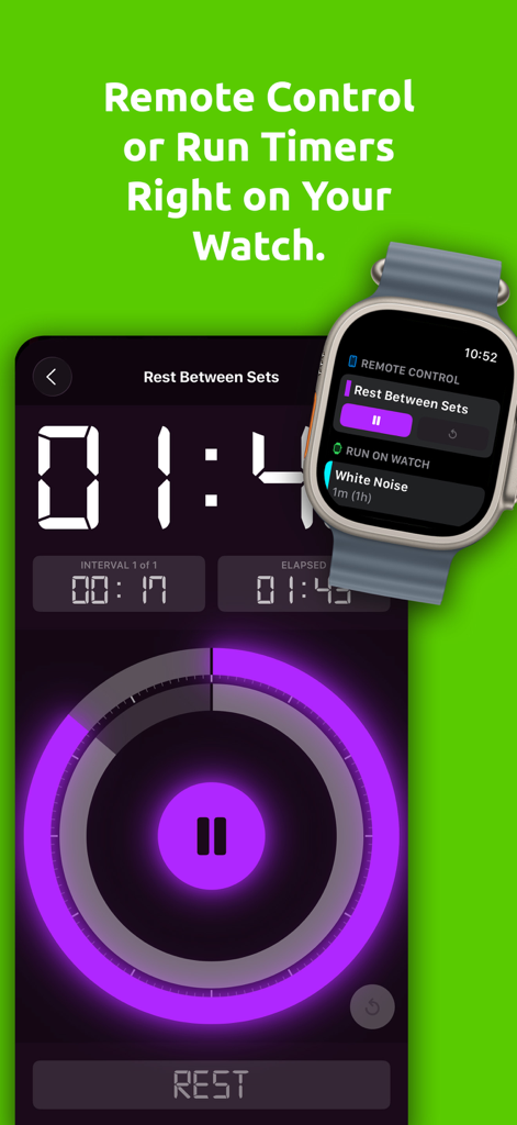 BeepWatch Interval Timer - BeepWatch interval timer interface displayed on both iPhone and Apple Watch