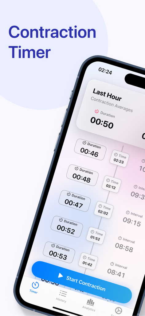 Contraction Timer ＆ Kick Count - Mobile app interface displaying labor contraction history and a start timer button