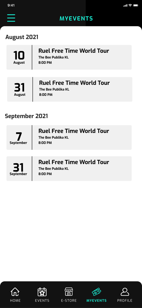 GoLive Ticketing - GoLive Ticketing app My Events screen showing a list of booked concert tickets