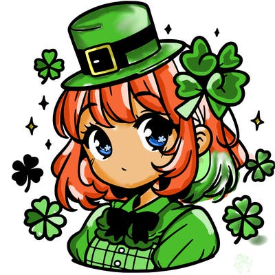 a manga-style girl with clovers around her, a little hat in her hair, like it's saint patrick's day