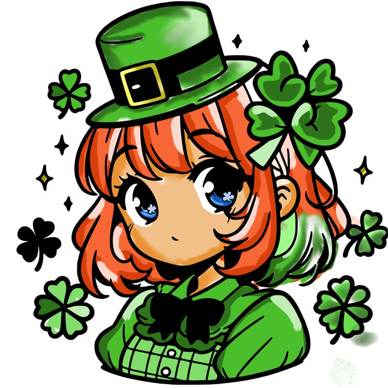 a manga-style girl with clovers around her, a little hat in her hair, like it's saint patrick's day
