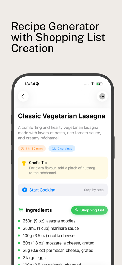 Real Canadian Superstore Deals - 스마트 쇼핑 목록 버튼이 있는 채식 라자냐 레시피를 보여주는 앱 인터페이스.