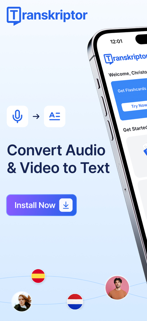 Transkriptor - Speech to Text - Transkriptor app screen showcasing audio and video to text conversion features with an install button
