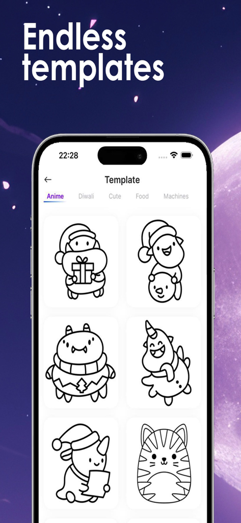 AR Drawing: Draw & Sketch App - A mobile screen showing a variety of cute line-art drawing templates in the AR Drawing app library