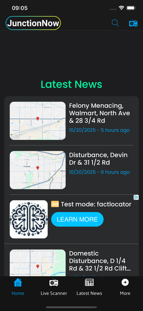 JunctionNow - JunctionNow app screen showing latest local news and incident maps for Grand Junction Colorado.