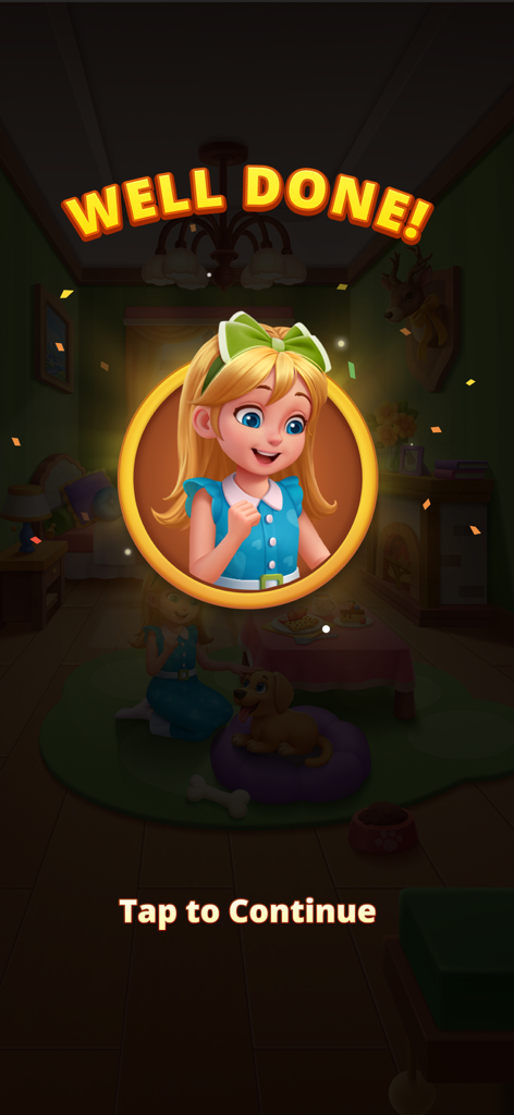 Pantalla de victoria de Family Savior Screw Puzzle con un personaje de chica animando