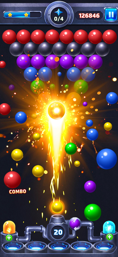 Bubble Shooter - Classic Pop - A yellow fireball powerup hitting colorful bubbles in the Bubble Shooter Classic Pop game