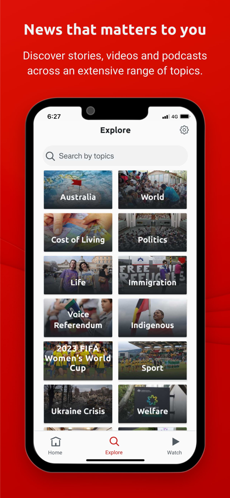 SBS News - SBS News app explore screen displaying a grid of news categories including world politics and sport