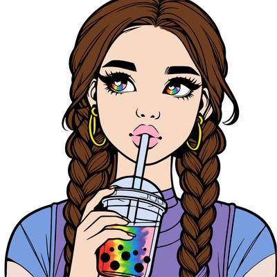 realistic girl with braided hair drinking boba